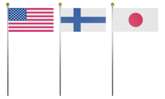 US Flag, Finland Flag, and Japan Flag all full staff